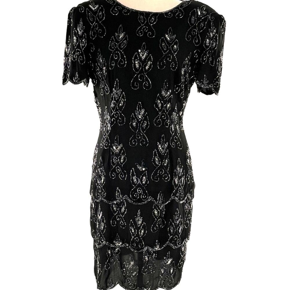 Vintage women's sz 8 100% silk beaded cocktail evening dress Stenay silver black